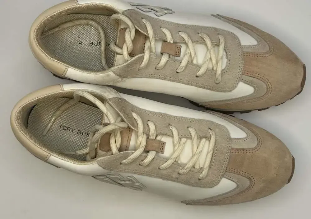Tory Burch Tory Leather and Suede Retro Sneakers White Tan